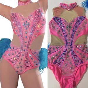 Glamour solo dance costume pink blue Feather rhinestone embellished leotard SA
